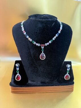 Multicolor Gem Teardrop Necklace & Earring Set - Red Teardrop Pendant